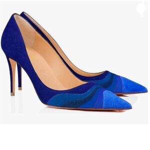 FOWT Blue High Heel Pointed Toe Pump Slip-on Rainbow Shoes for Dress Party